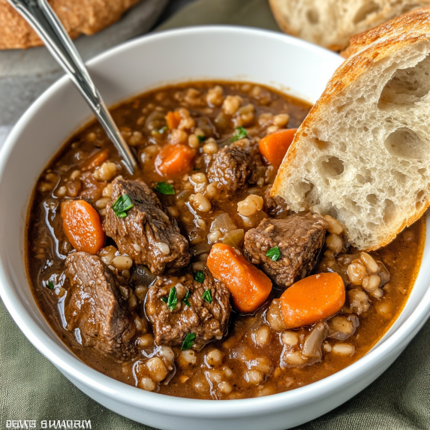 A bowl of beef barley soup with chunks of tender beef, diced carrots, and pearl barley in a rich broth, garnished with fresh parsley. Served with a piece of crusty bread.