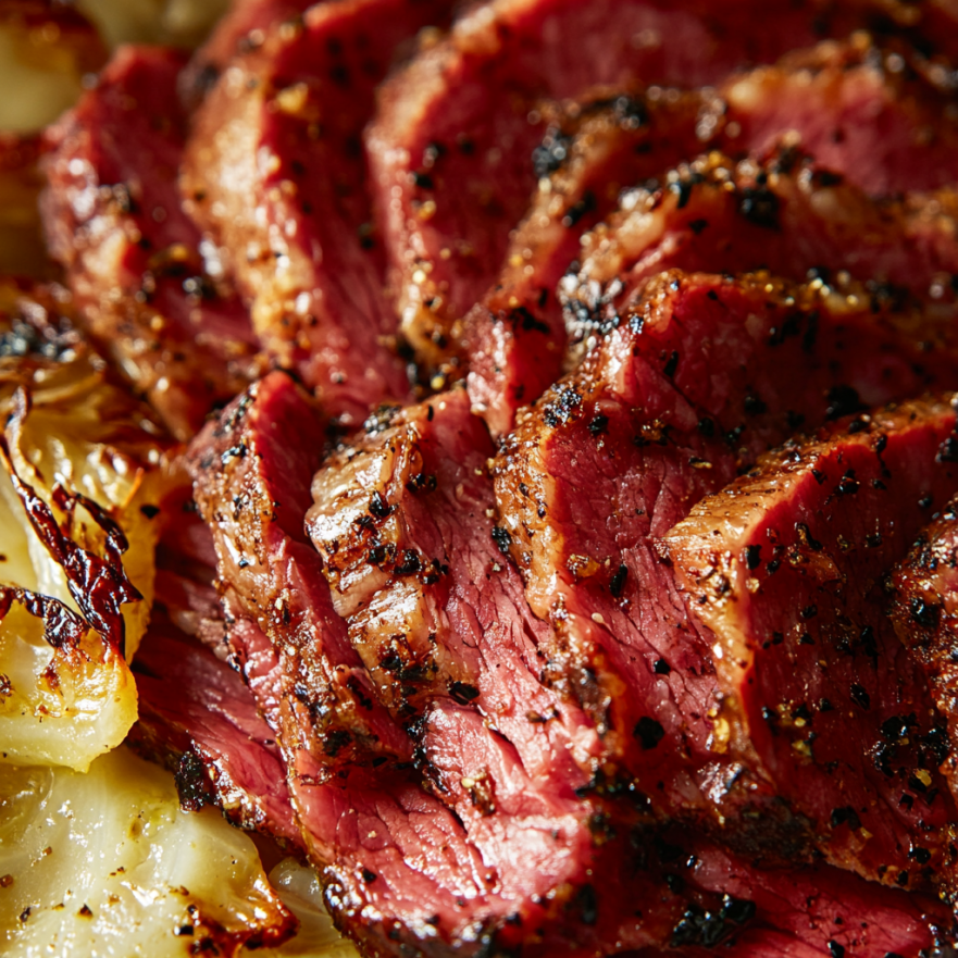 A close-up of thick slices of tender, pepper-crusted corned beef with a deep red hue, marbled with fat, and served alongside charred roasted cabbage
