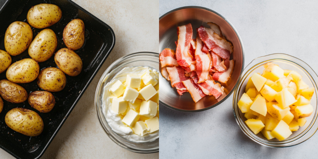 A split image showing key ingredients for a mashed potato casserole: roasted baby potatoes, cubed butter with sour cream, raw bacon strips, and boiled potato chunks in glass and metal bowls.