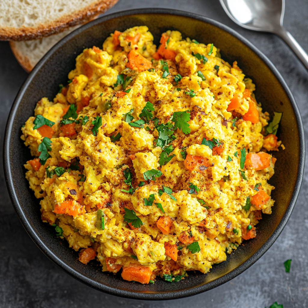 A bowl of scrambled eggs mixed with diced orange bell peppers and sprinkled with fresh herbs and spices, served with slices of bread on the side.