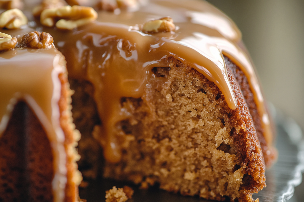 A close-up of a moist caramel pecan bundt cake topped with glossy caramel glaze and crunchy pecan pieces, with a slice cut to reveal the soft texture inside.