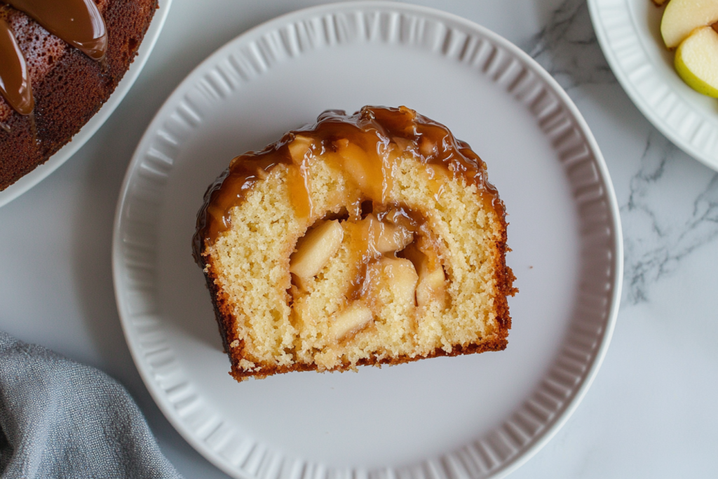 A close-up of a sliced caramel apple bundt cake showing a moist vanilla crumb with a swirl of tender baked apples and topped with glossy caramel glaze.