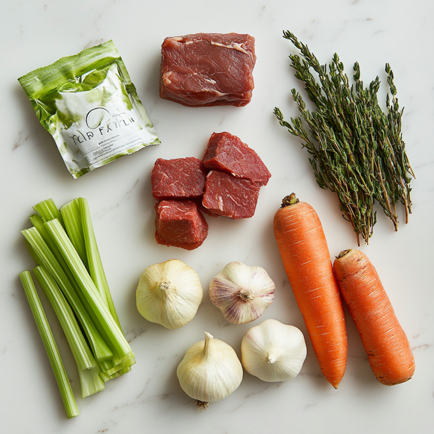 Fresh ingredients for Keto Beef Stew, including raw beef chunks, garlic, celery, carrots, thyme, and seasonings, laid out on a white surface.