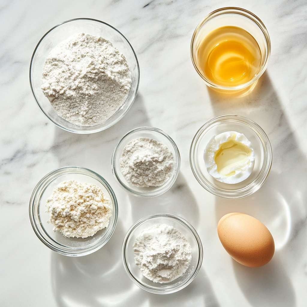  A top-down view of pancake ingredients including flour, baking powder, sugar, oil, yogurt, and an egg, all arranged in small glass bowls on a marble surface.