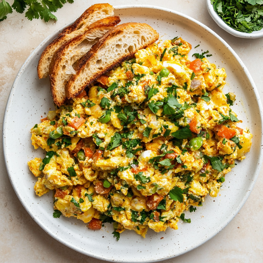  A plate of scrambled eggs mixed with chopped vegetables and fresh herbs, served with slices of toasted bread on the side.