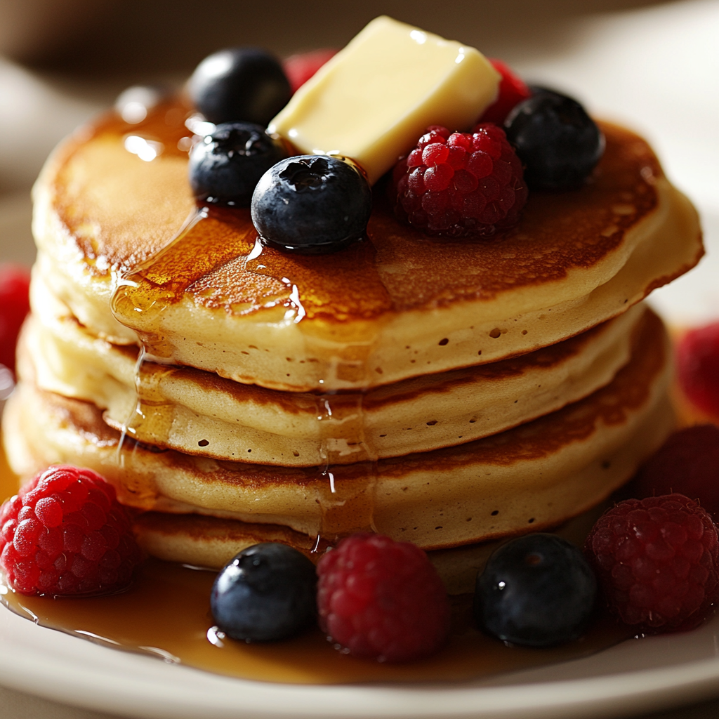 A stack of fluffy golden pancakes topped with a pat of butter, fresh raspberries and blueberries, and drizzled with maple syrup.