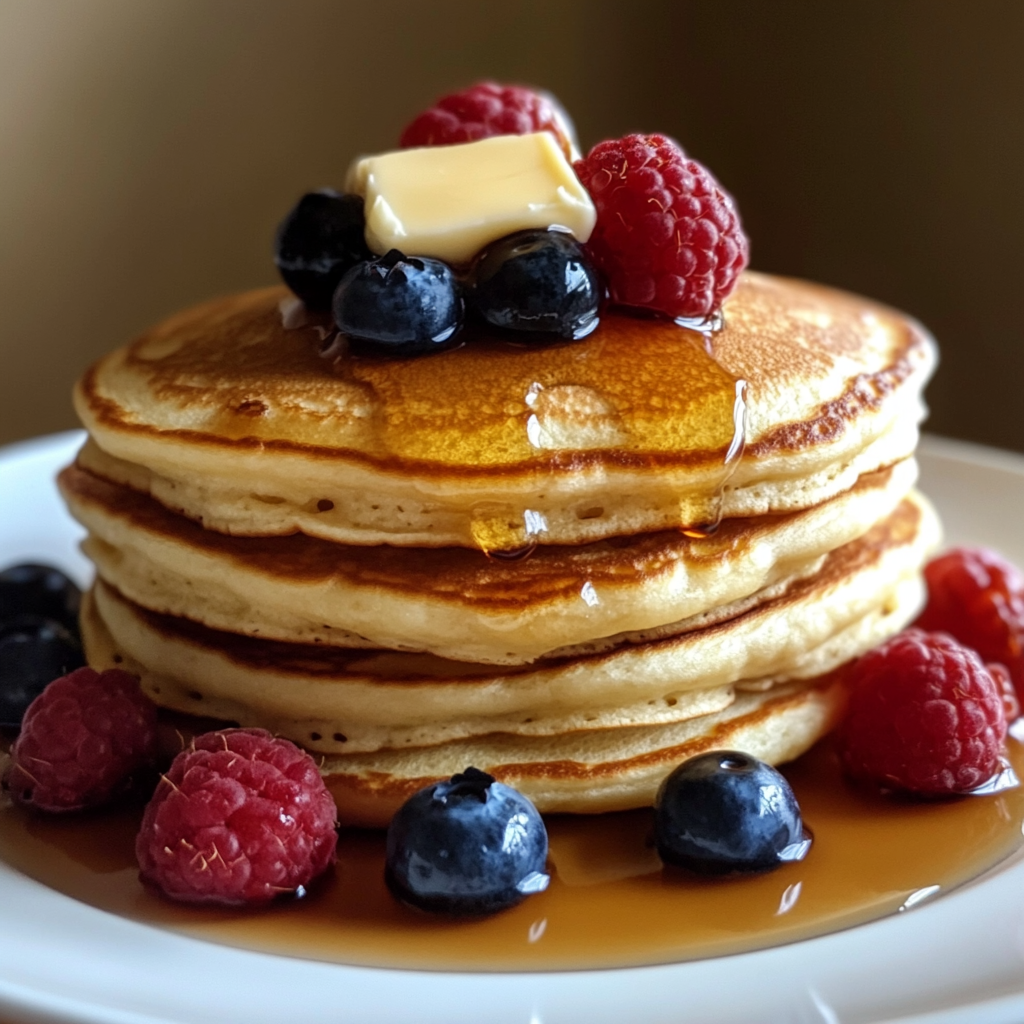 A stack of fluffy golden pancakes topped with a pat of butter, fresh raspberries and blueberries, and drizzled with maple syrup.