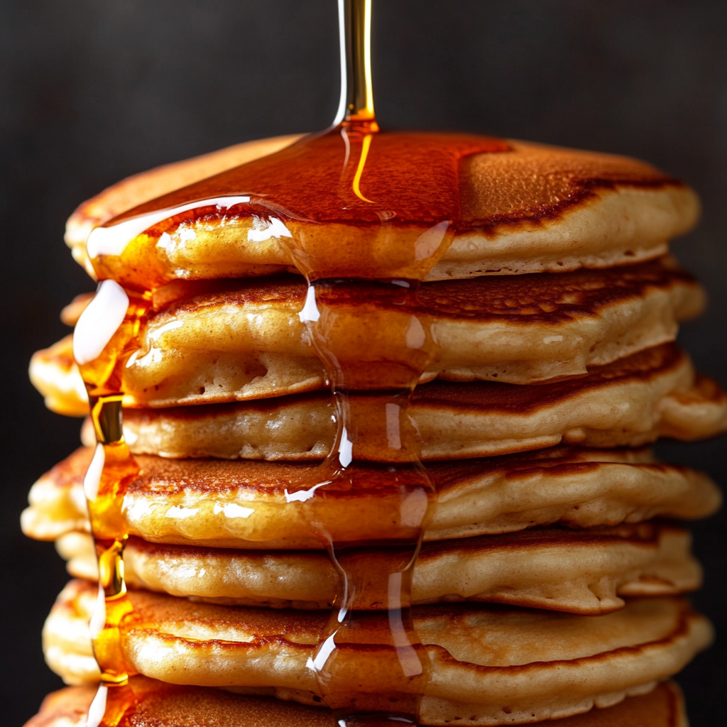 A close-up of a tall stack of fluffy golden pancakes being drizzled with rich maple syrup, creating a glossy coating.