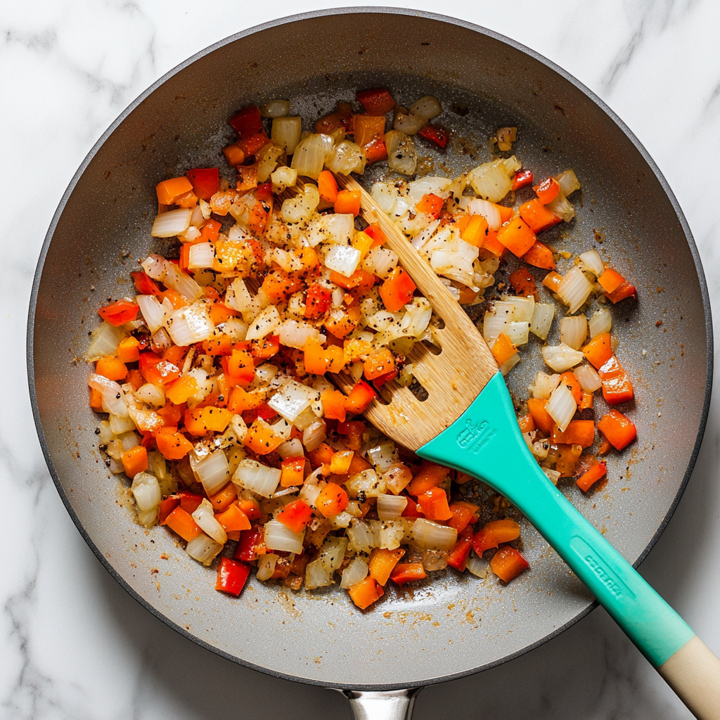 A skillet with sautéed diced onions and red and orange bell peppers being stirred with a wooden spatula, seasoned with black pepper.