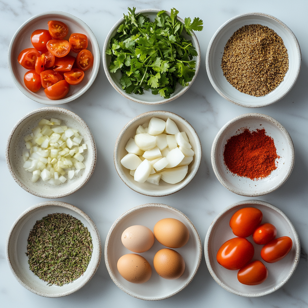 A flat lay of ingredients for making egg curry, including eggs, tomatoes, onions, garlic, coriander, cumin, paprika, and fresh cilantro arranged in small bowls on a marble surface.