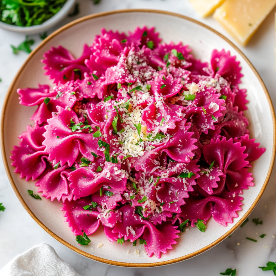 A plate of vibrant pink beetroot farfalle pasta topped with grated parmesan and chopped parsley