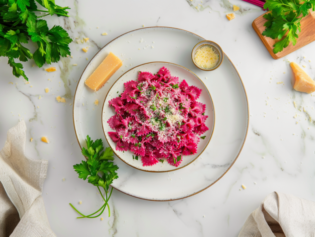 Overhead view of beetroot farfalle pasta served on a white plate, topped with grated parmesan and parsley, surrounded by fresh herbs and cheese