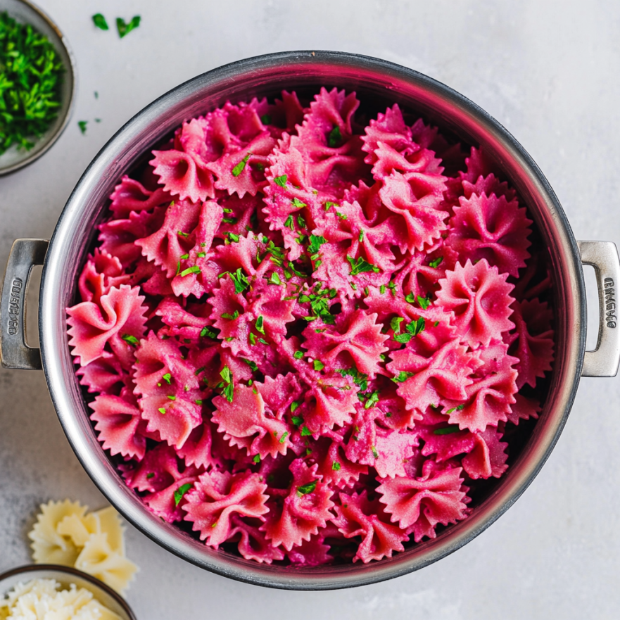 A pot filled with bright pink beetroot farfalle pasta garnished with chopped parsley